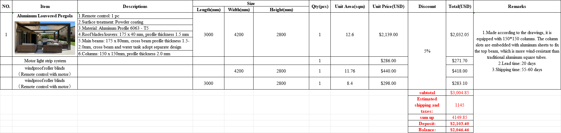 Custom electric aluminum pergola - L3000mm*W4200mm*H2800mm
