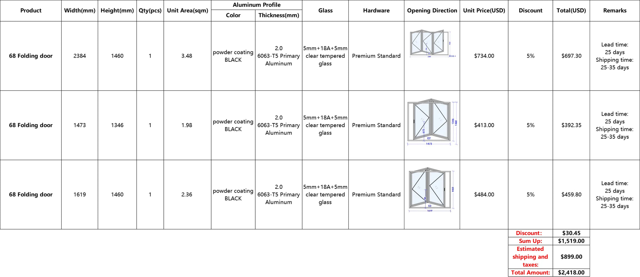Folding windows custom order - deposit