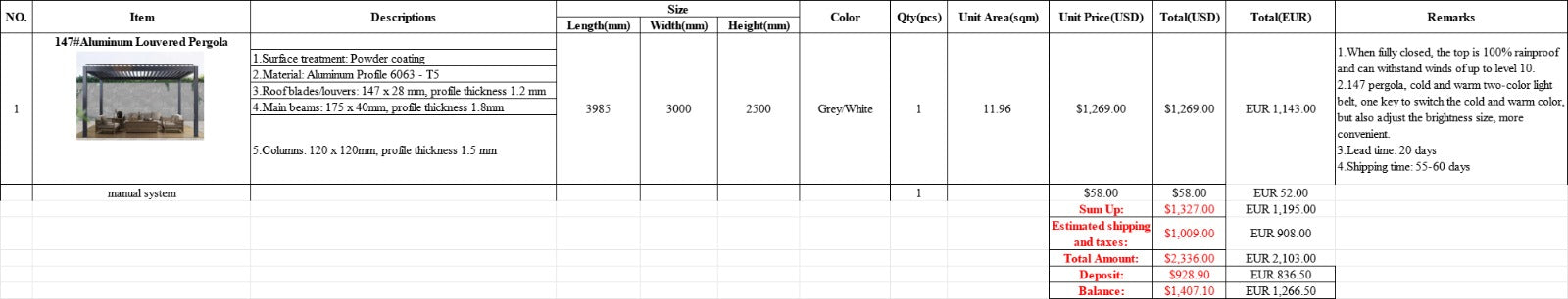 Custom electric aluminum pergola - L3985mm*W3000mm*H2500mm